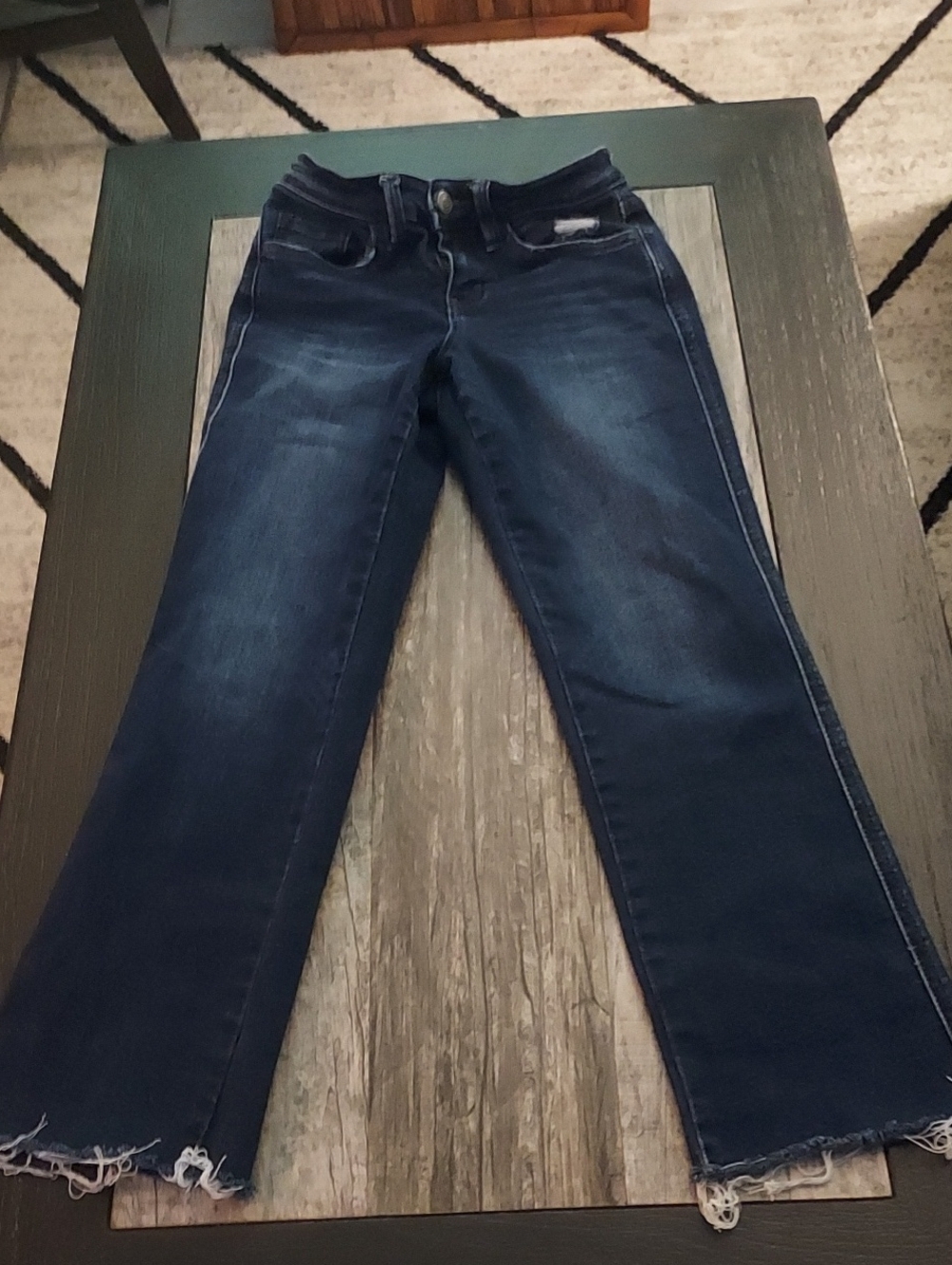 Flying Monkey Dark Blue Cropped Straight Jeans with Frayed Hem